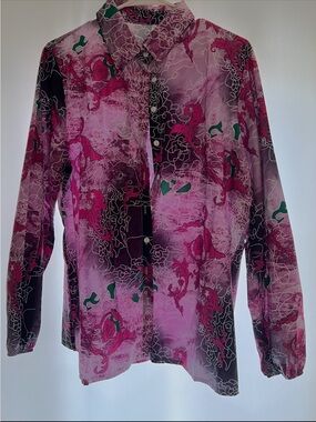Women's Pink Patterned Button-Down Shirt - Casual Collared Top